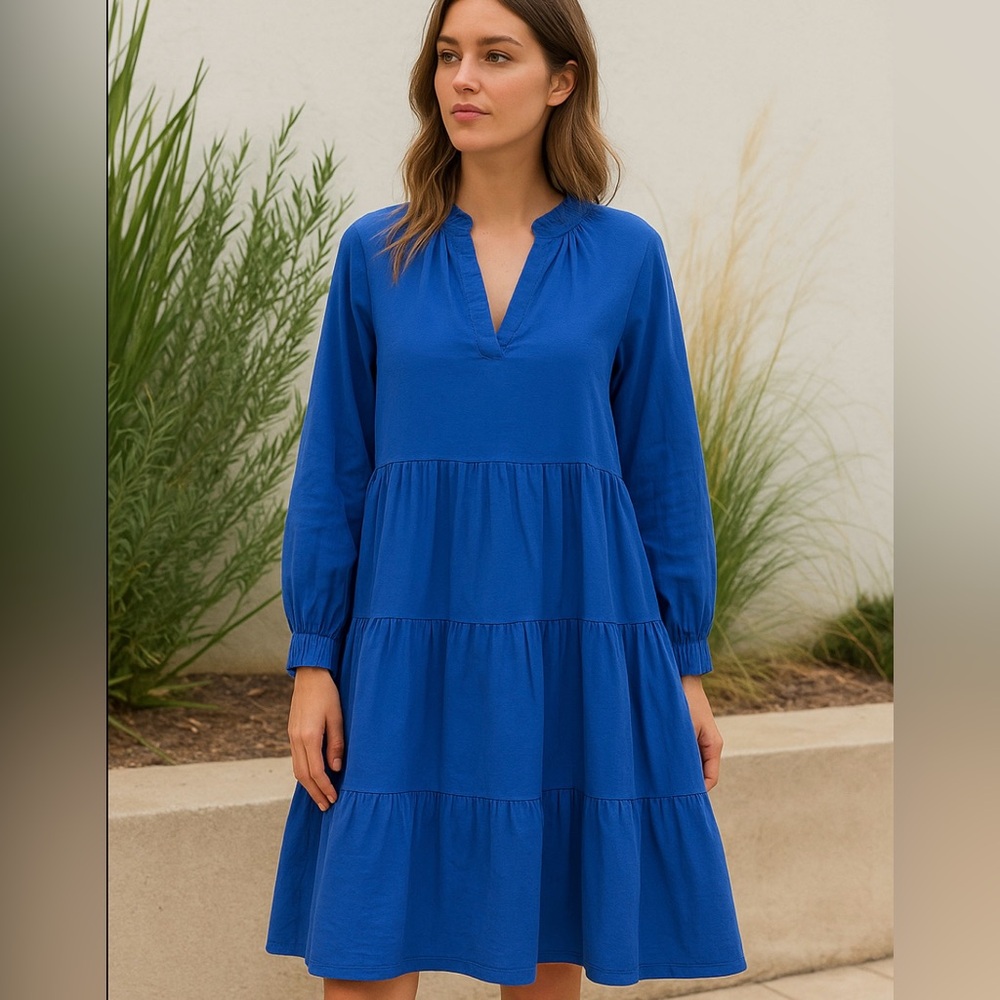 Félicité Tiered Cotton Mini Dress Blue Long Sleeve V-Neck Size 2 (US Small) 🧡🎀